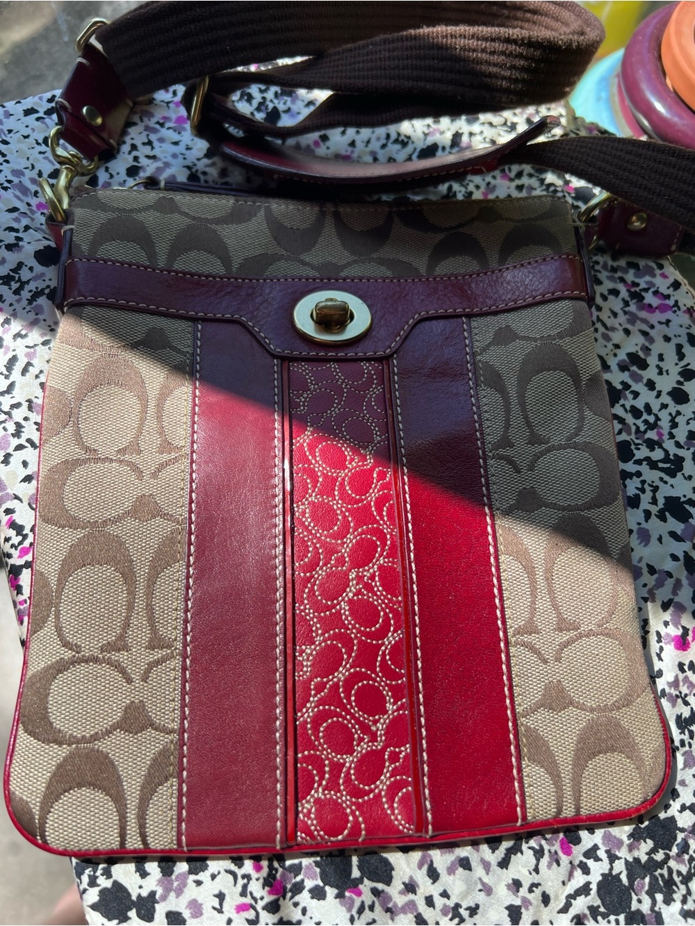 Coach Signature Canvas Crossbody in Brown and Red
